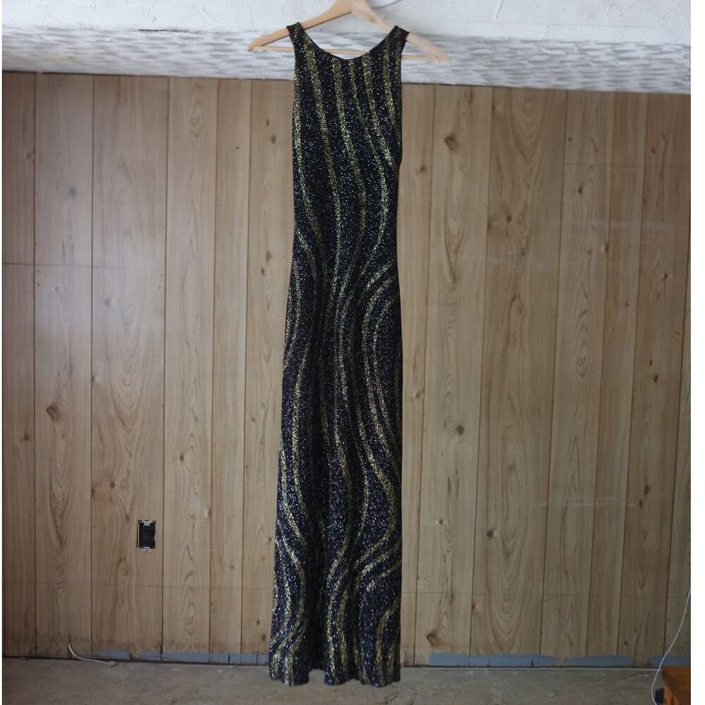 Vintage Cache Black & Gold Sparkle High Neck Open Back Full Length Dress XS Y2K